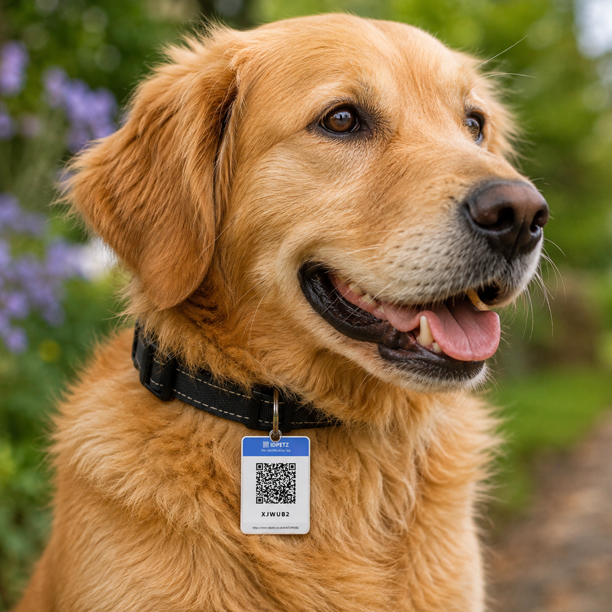 Golden Retriever wearing an IDPETZ QR Tag